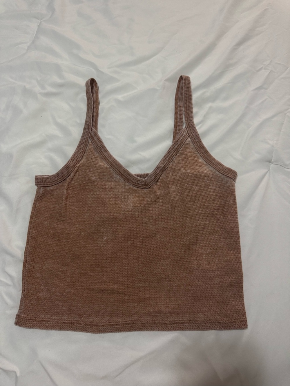 American Eagle Waffle Knit V-Neck Cropped Cami Tank Top- Mineral Washed Brown